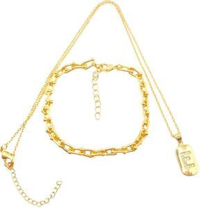 Gold initial E bracelet and necklace set